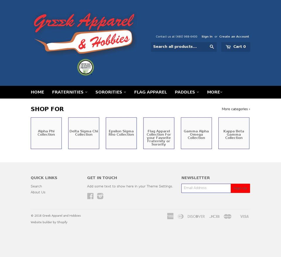 greekapparelandhobbies.com — Shopify storefront screenshot