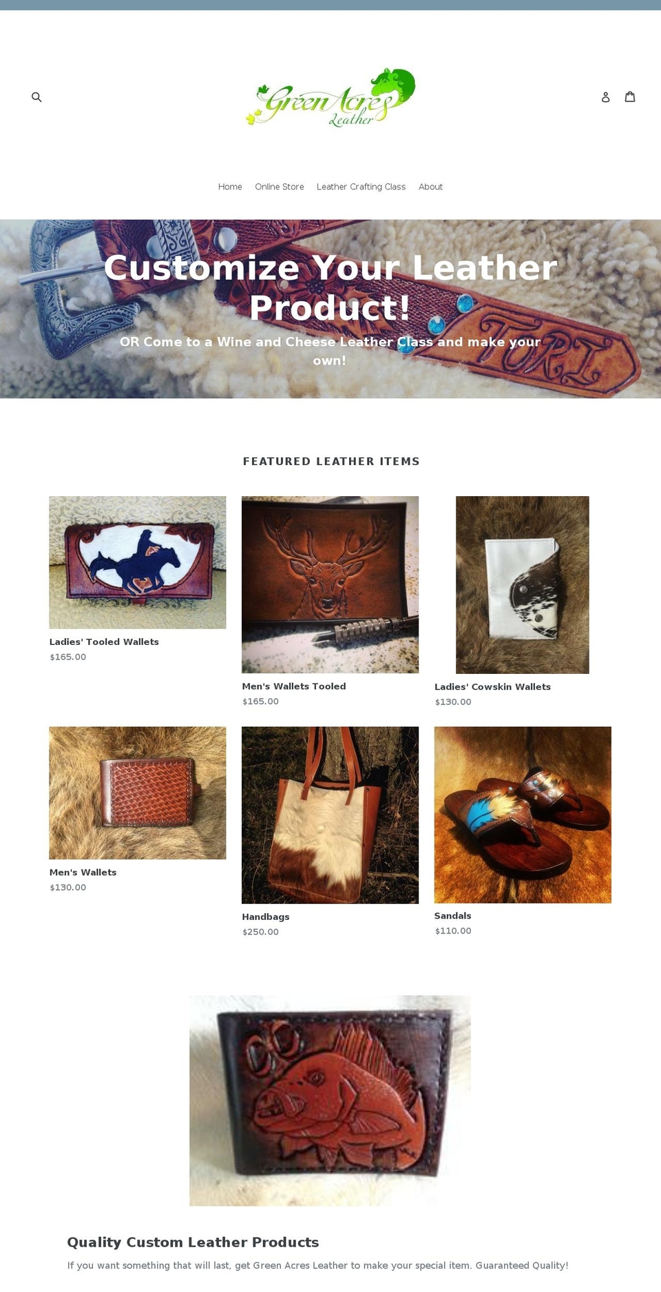 greenacresleather.com — Shopify storefront screenshot