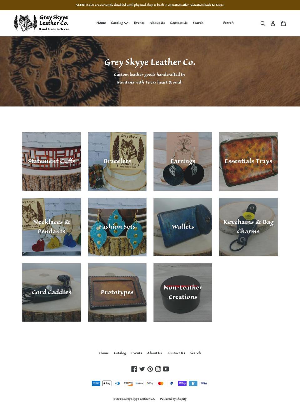 greyskyyeleatherco.com shopify website screenshot