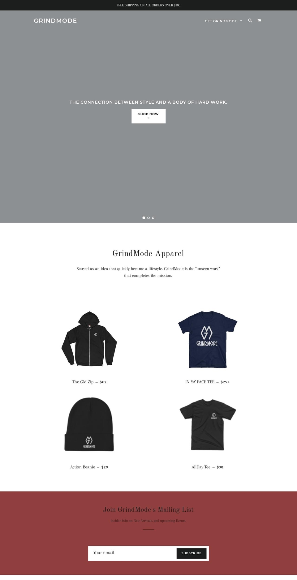 grindmodeapparel.com — Shopify storefront screenshot