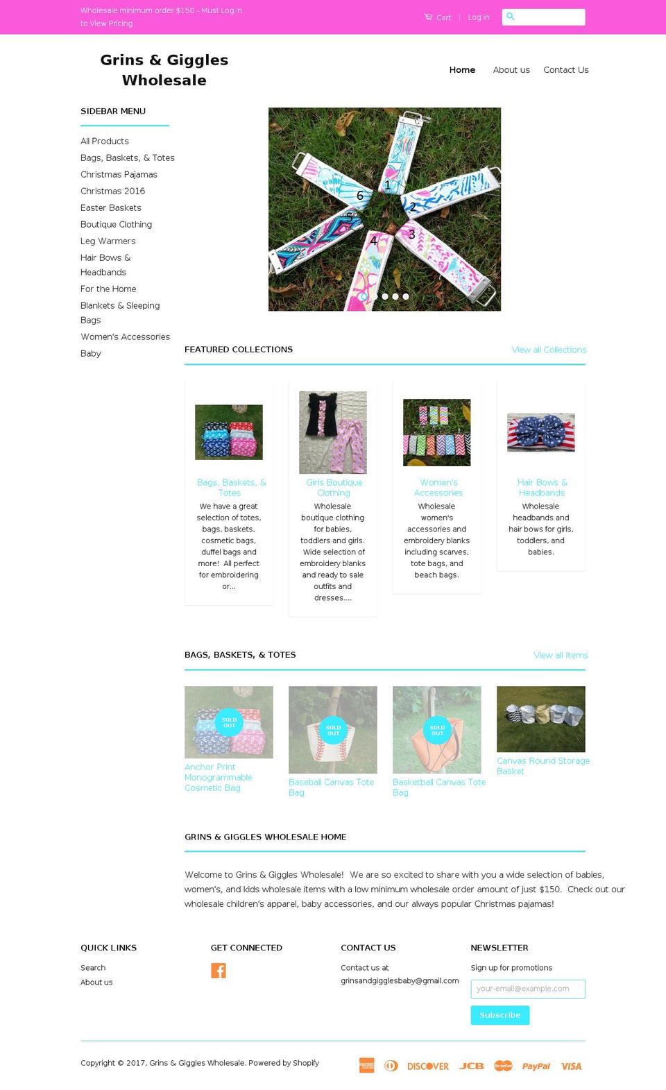 grinsandgiggleswholesale.com shopify website screenshot