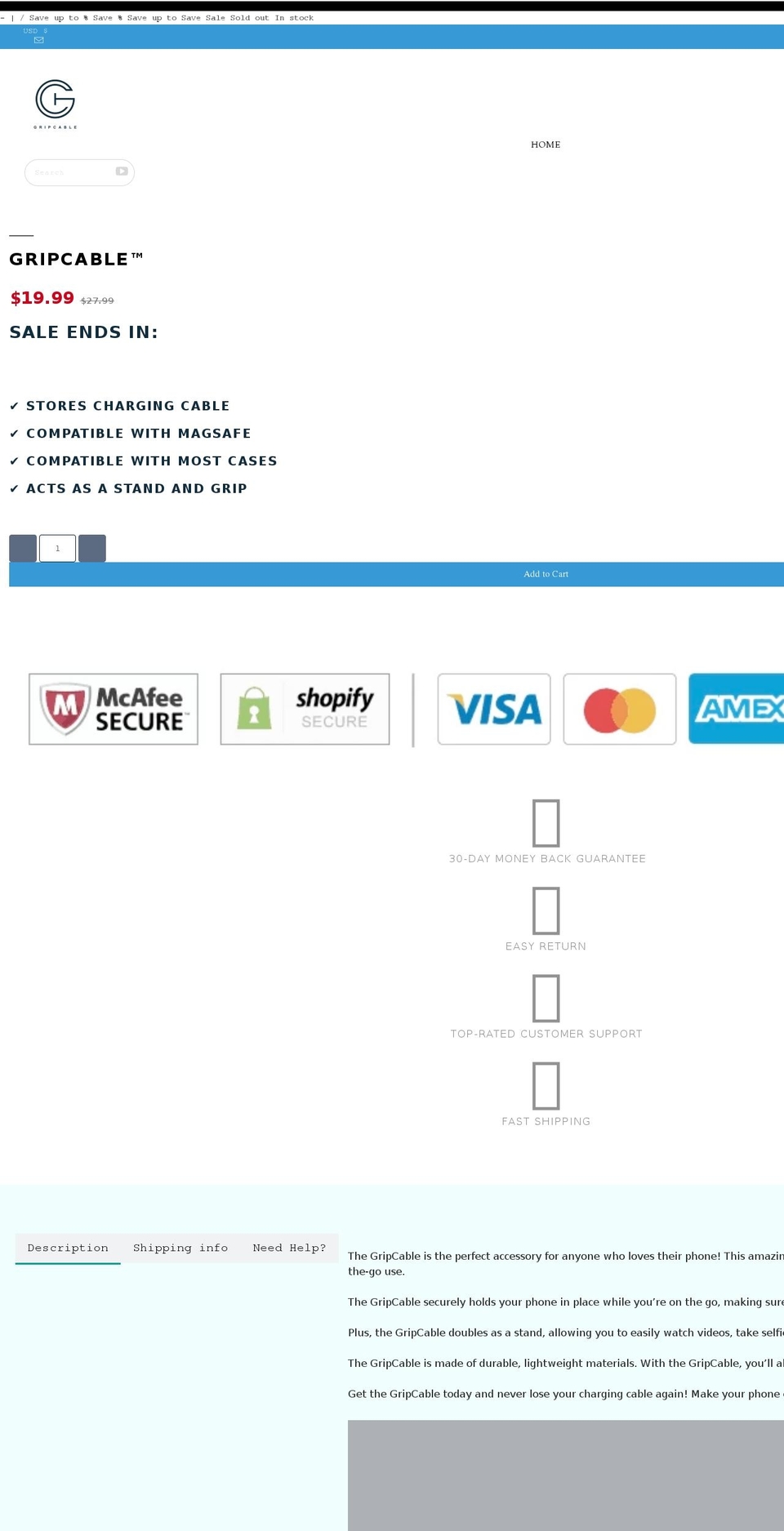 gripcable.com shopify website screenshot