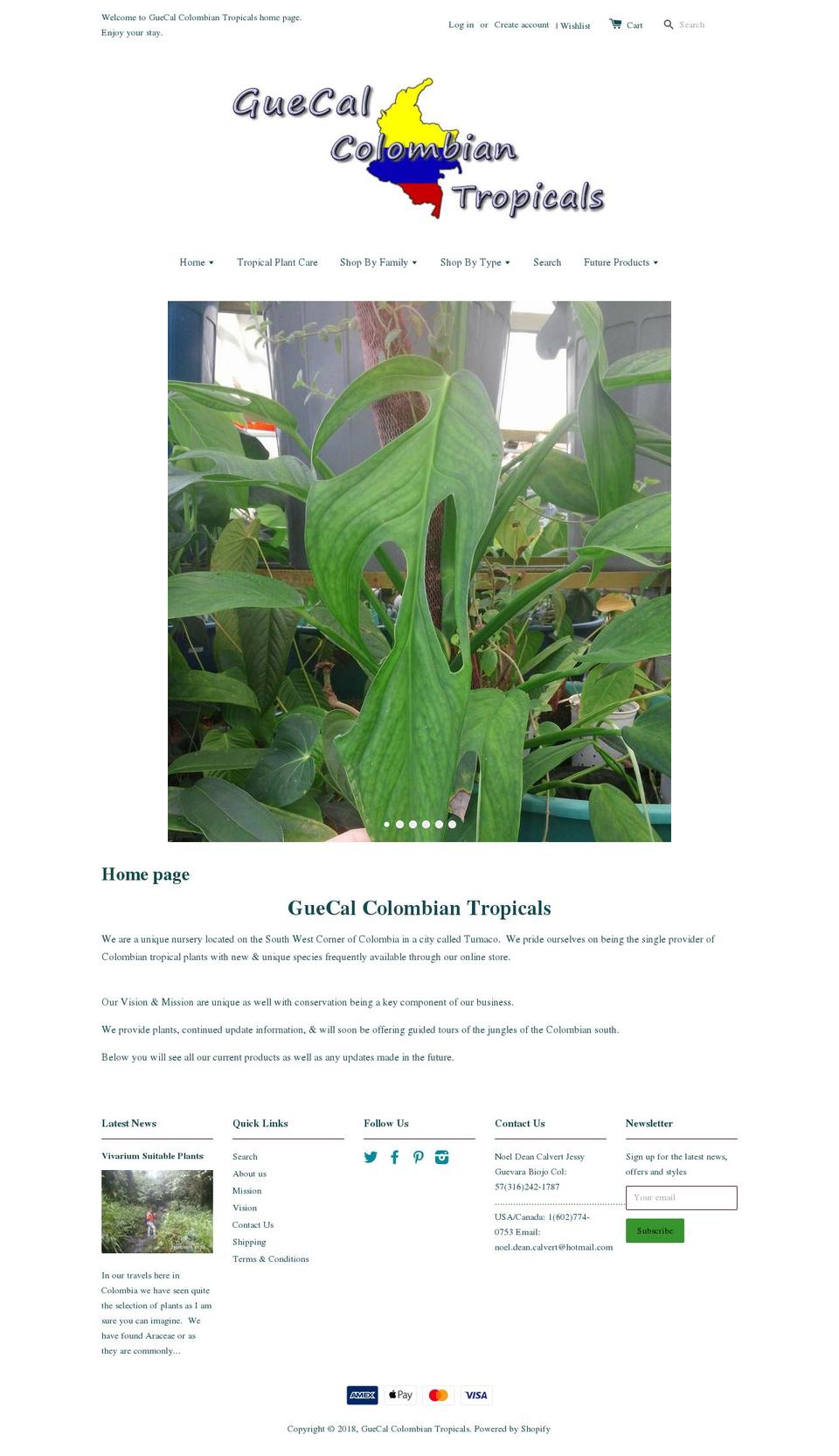 guecalcolombiantropicals.com shopify website screenshot