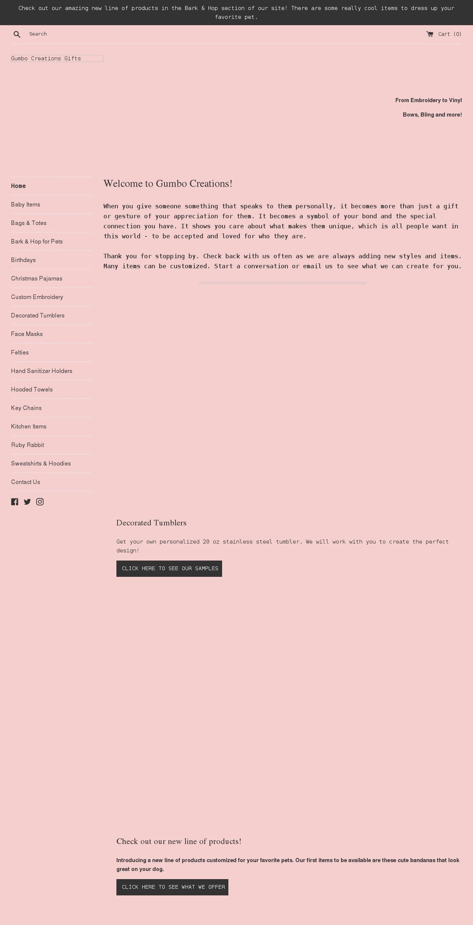 gumbocreationsgifts.com shopify website screenshot
