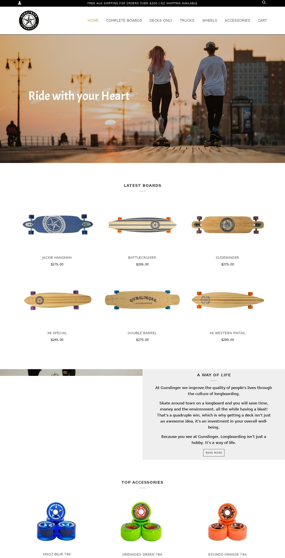 gunslingerlongboards.com.au shopify website screenshot