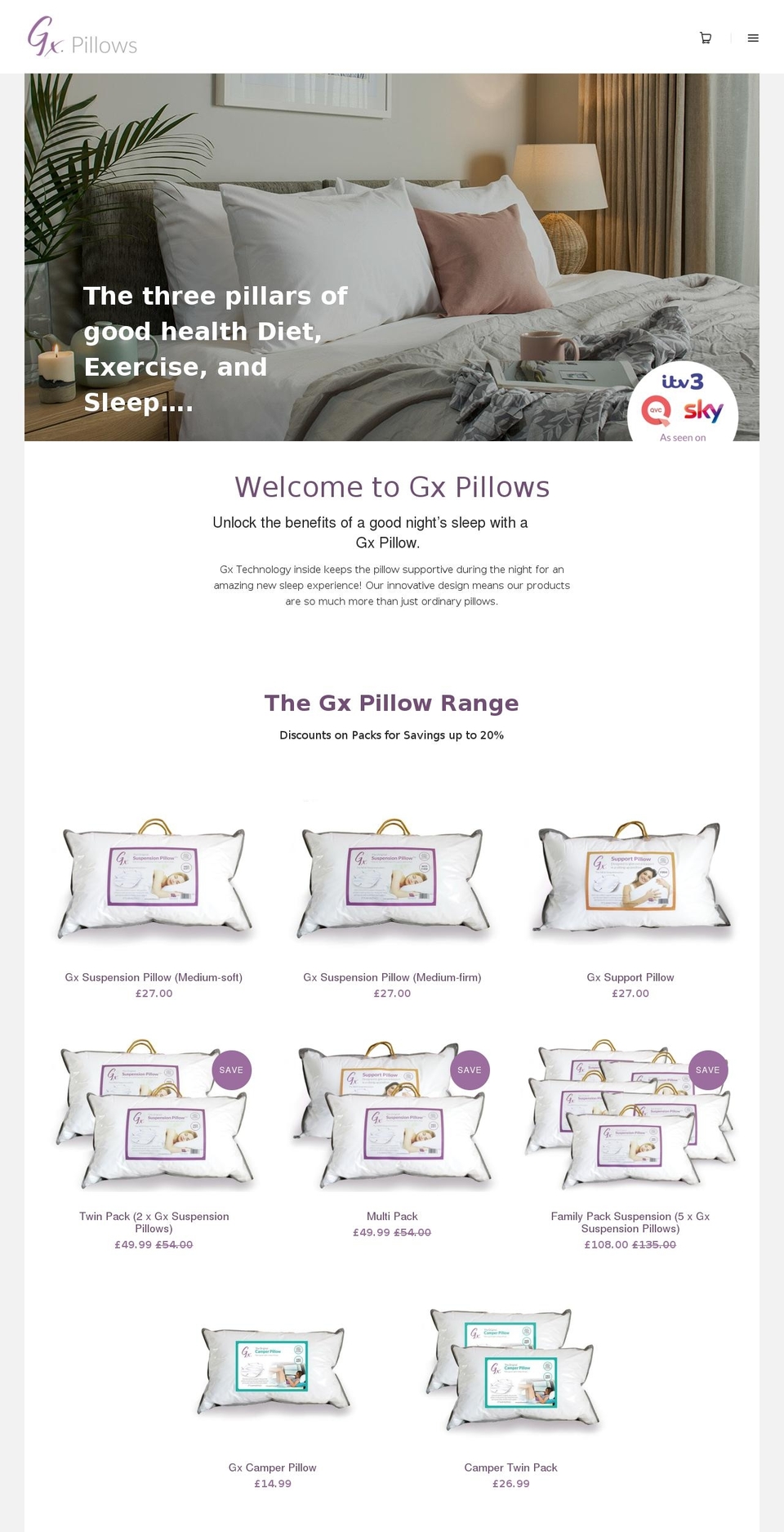 gxpillows.co.uk shopify website screenshot