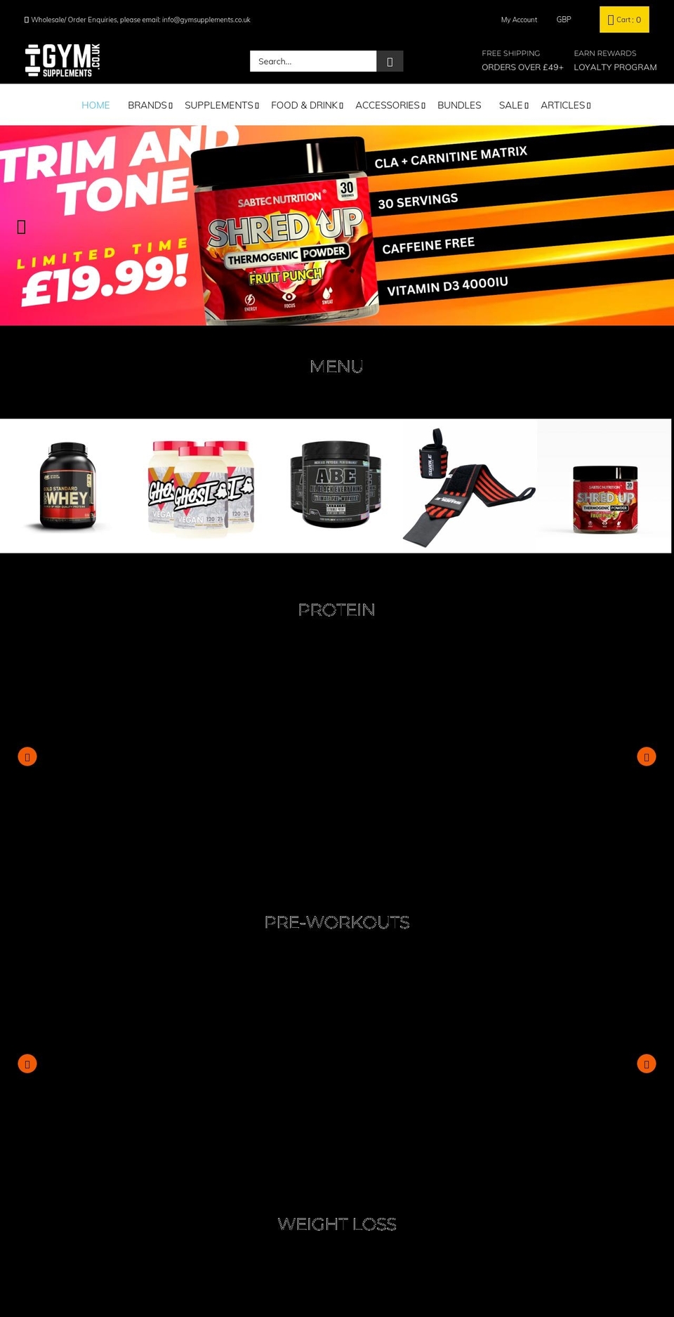Mefit Shopify theme site example gymsupplements.co.uk