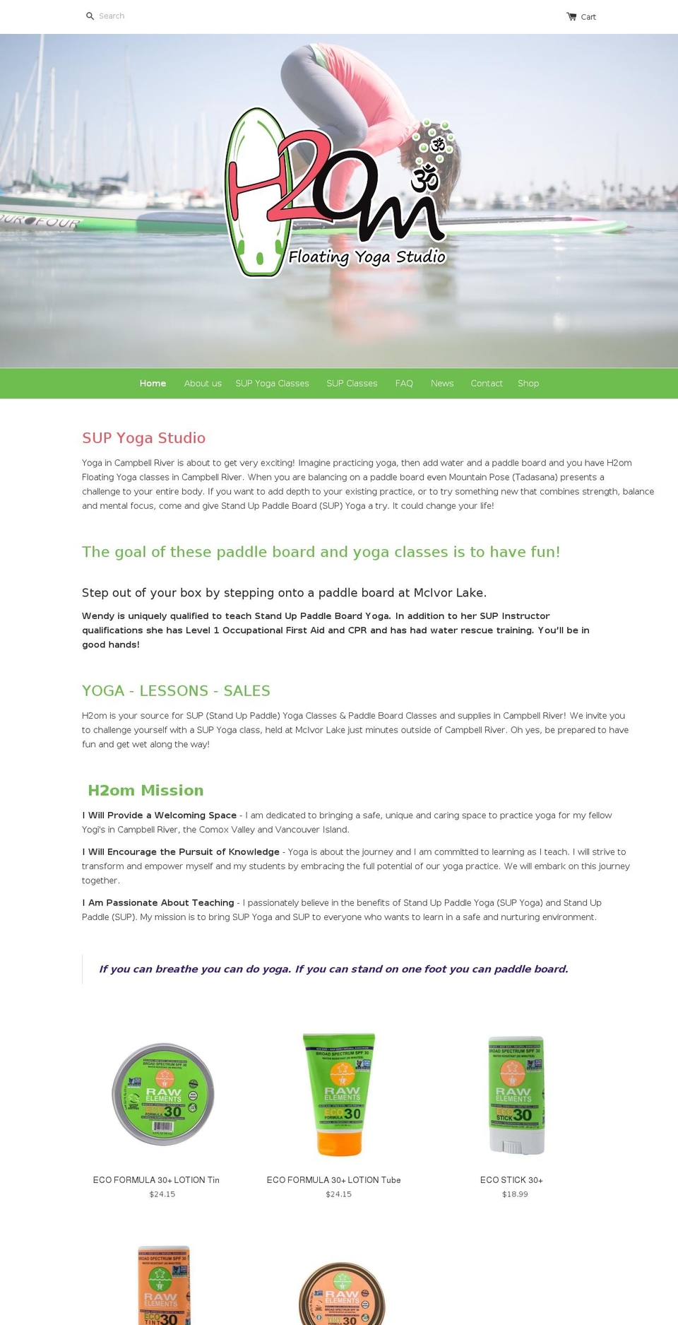 h2omfloatingyogastudio.com shopify website screenshot