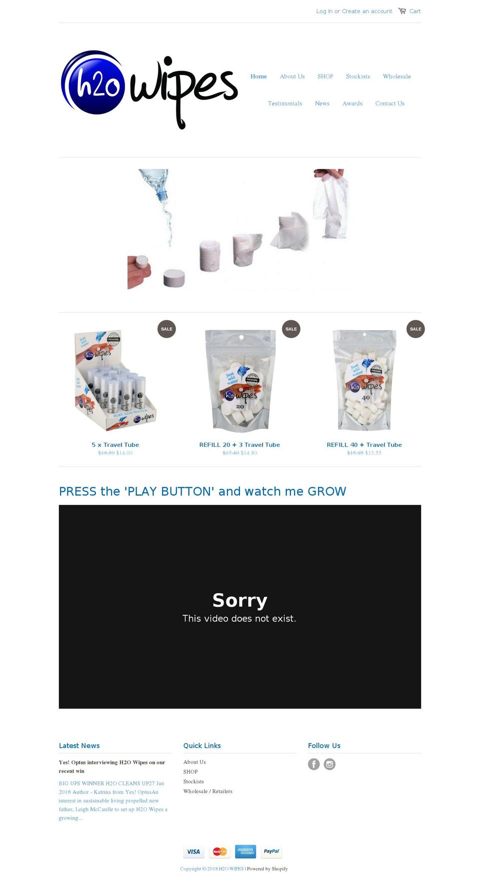 h2owipes.com.au shopify website screenshot