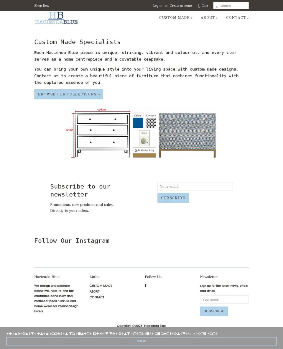 haciendablueshop.com shopify website screenshot