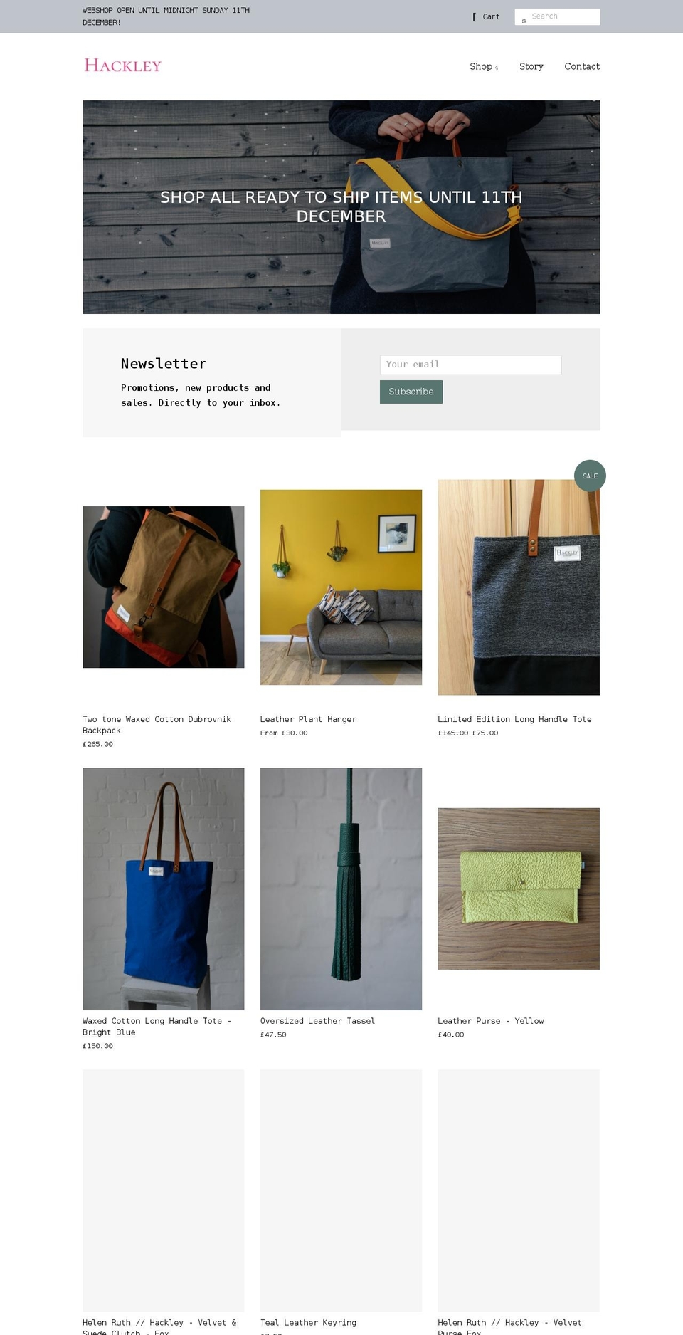 hackleybags.com shopify website screenshot