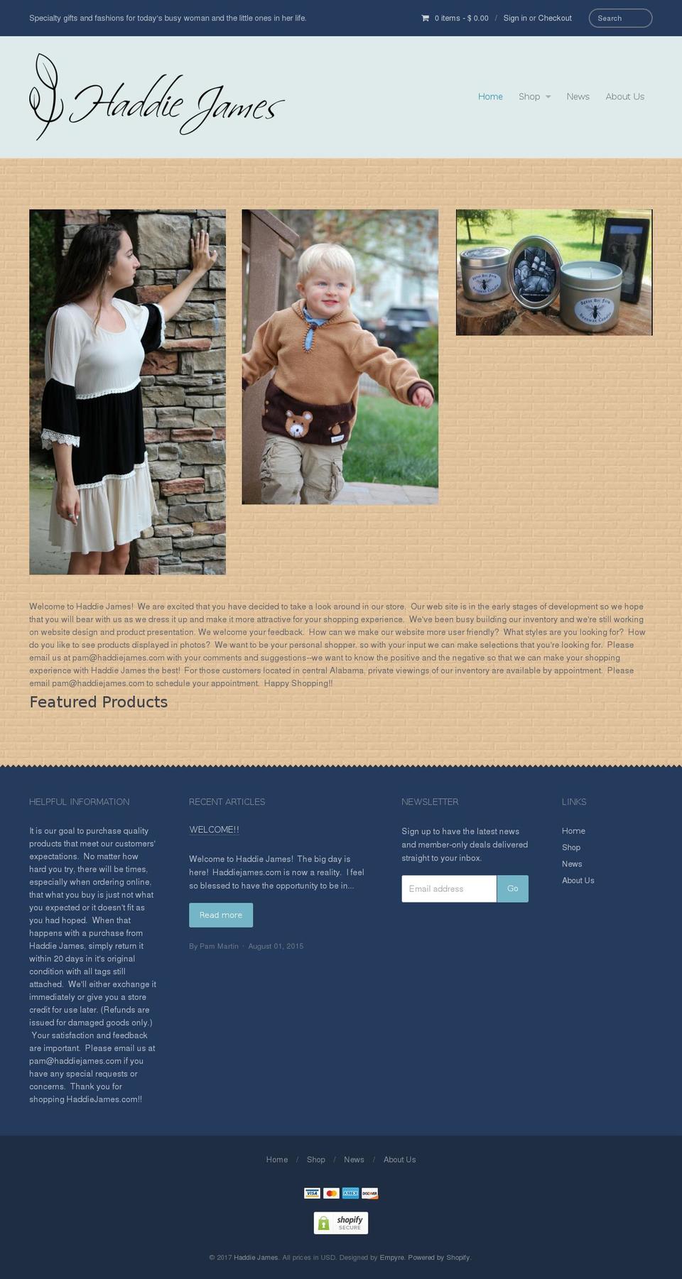 haddiejames.com shopify website screenshot