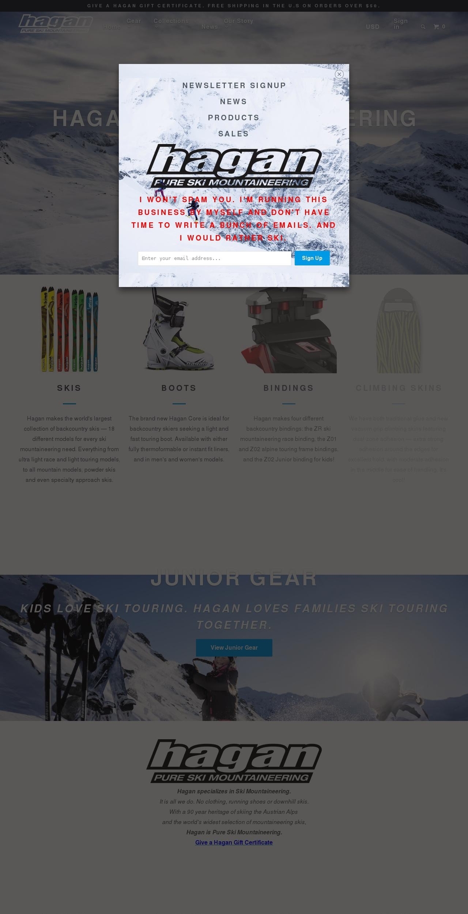 haganskimountaineering.com shopify website screenshot