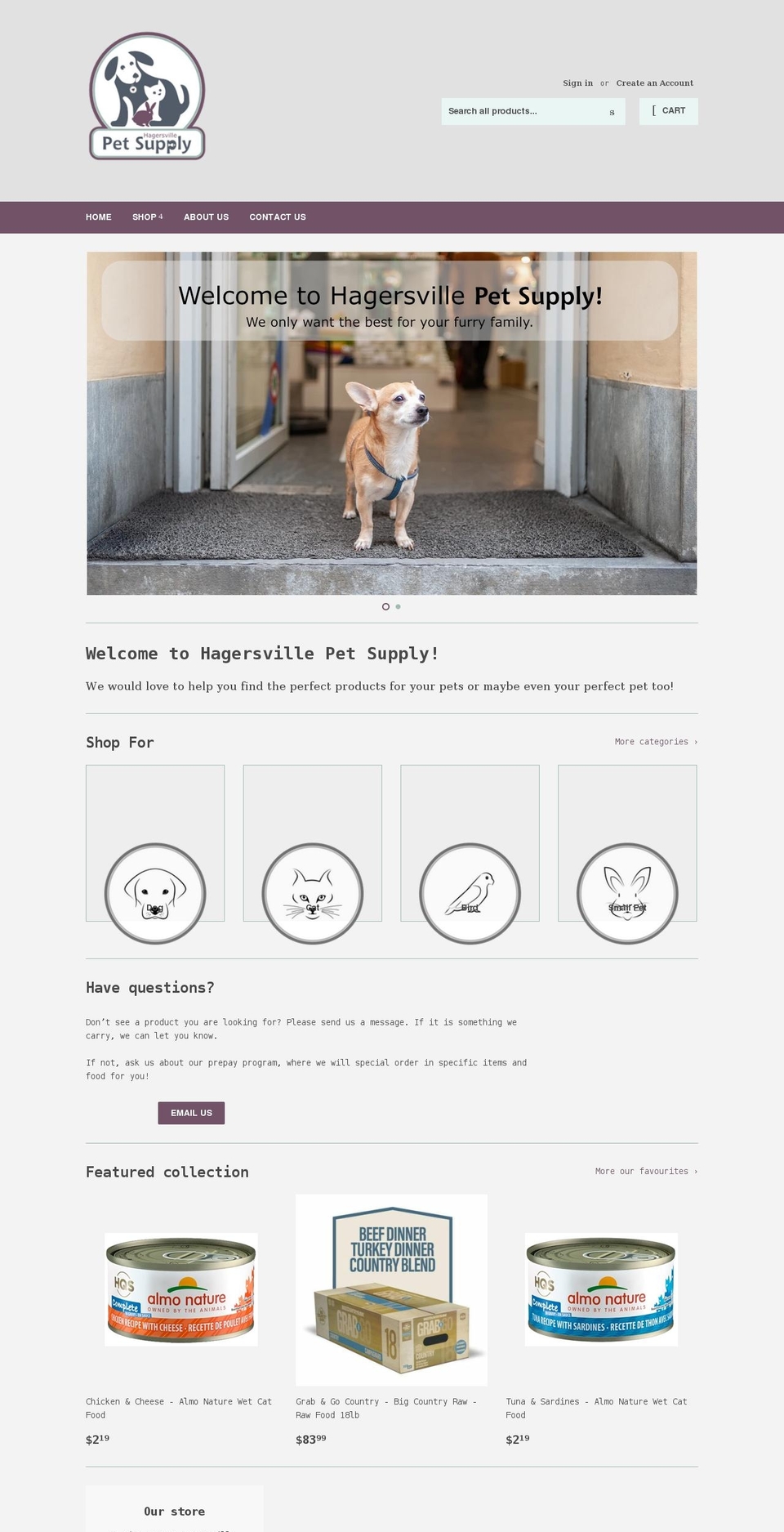hagersvillepetsupply.com shopify website screenshot