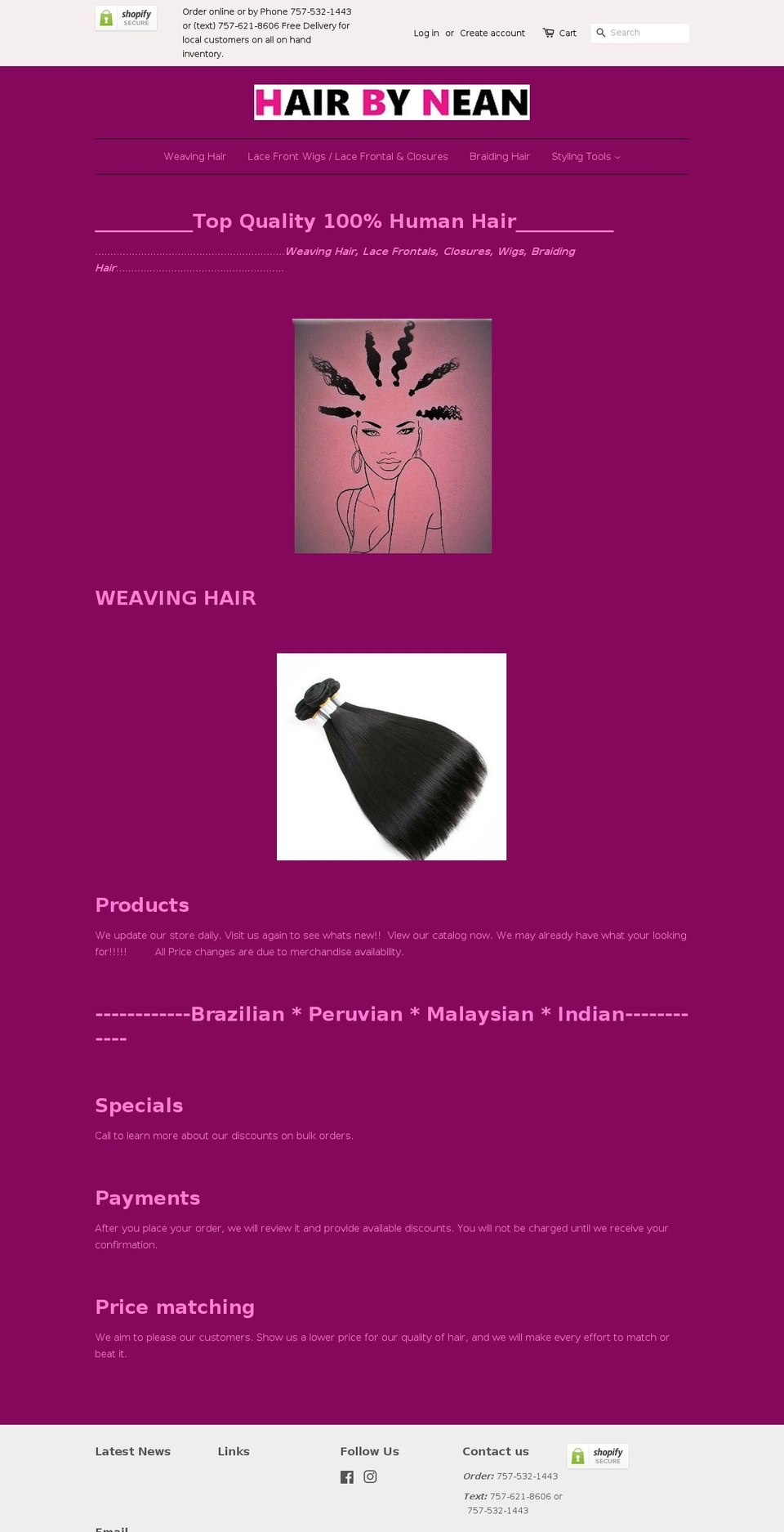 hairbynean.com — Shopify storefront screenshot