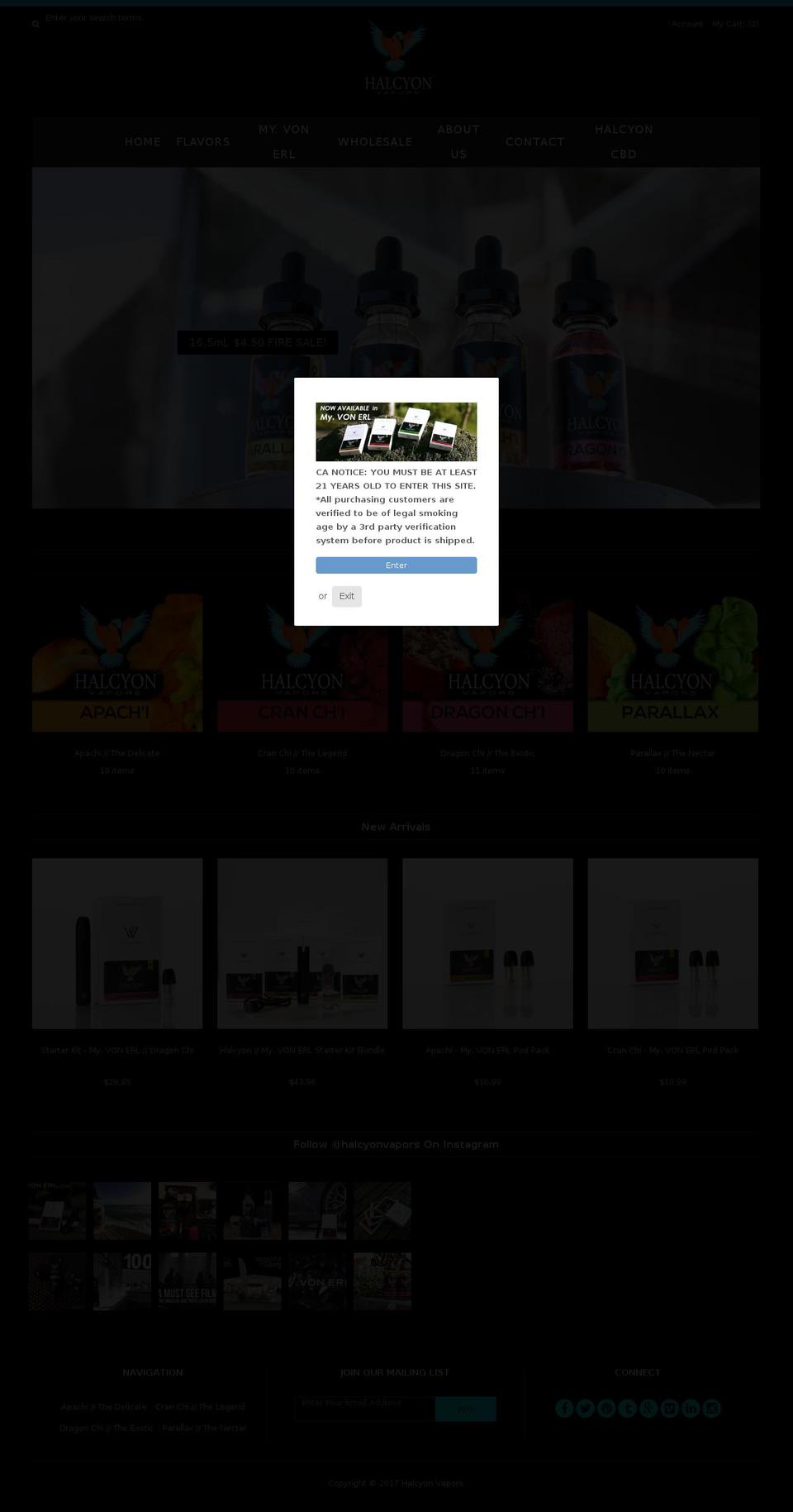 halcyonvaporliquid.com shopify website screenshot