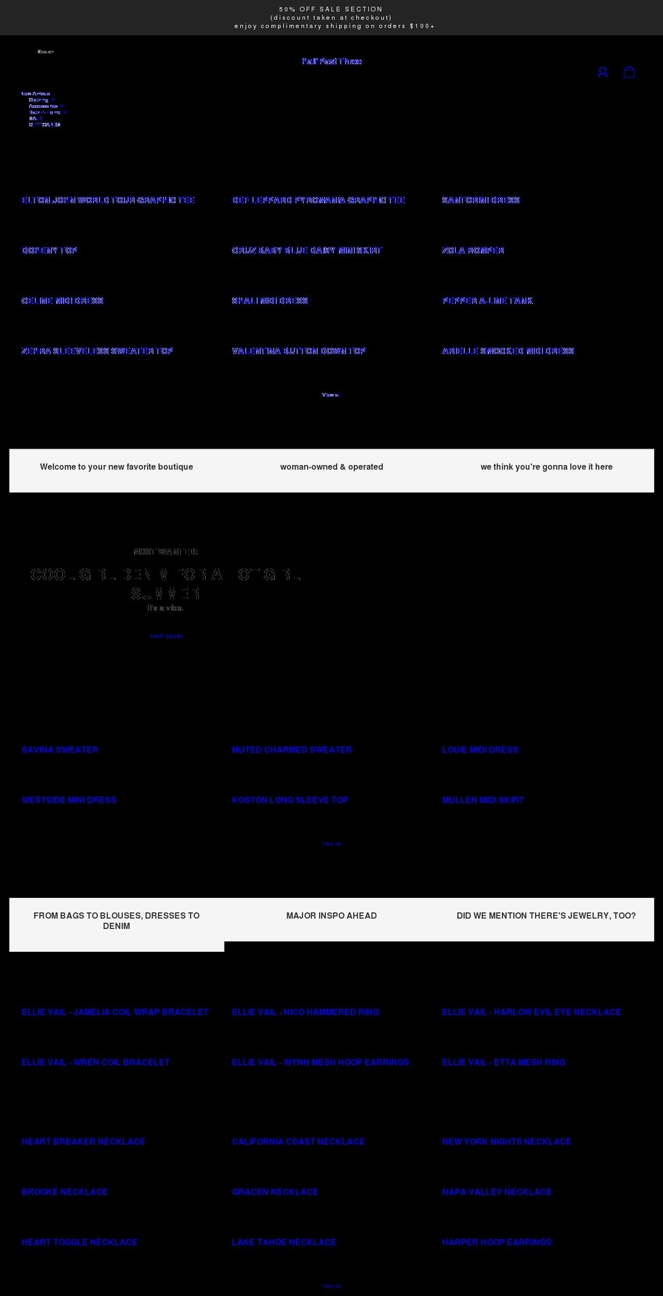 halfpastthreeclothing.com shopify website screenshot