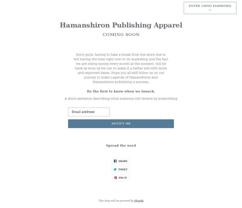 hamanshiron-publishing-apparel.myshopify.com shopify website screenshot
