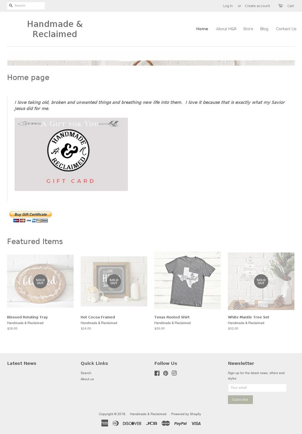 handmadeandreclaimed.com — Shopify storefront screenshot