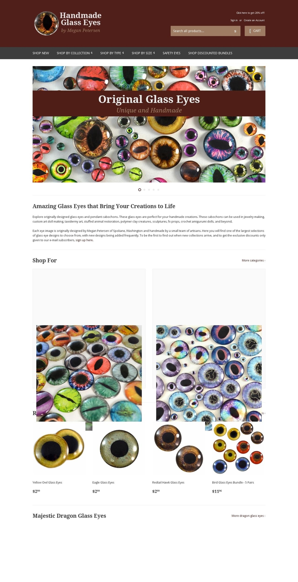 handmadeglasseyes.com — Shopify storefront screenshot