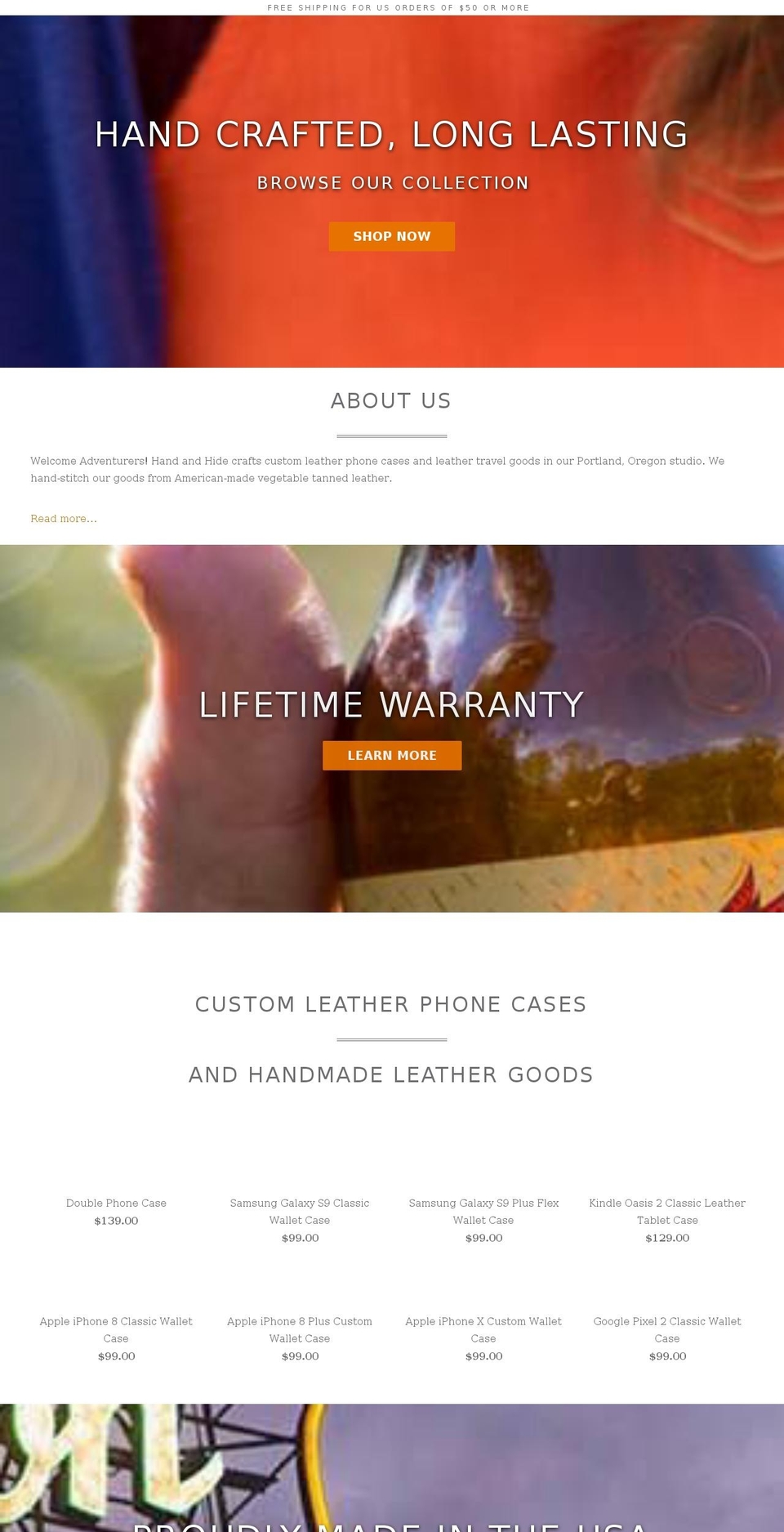 handsandhides.com — Shopify storefront screenshot