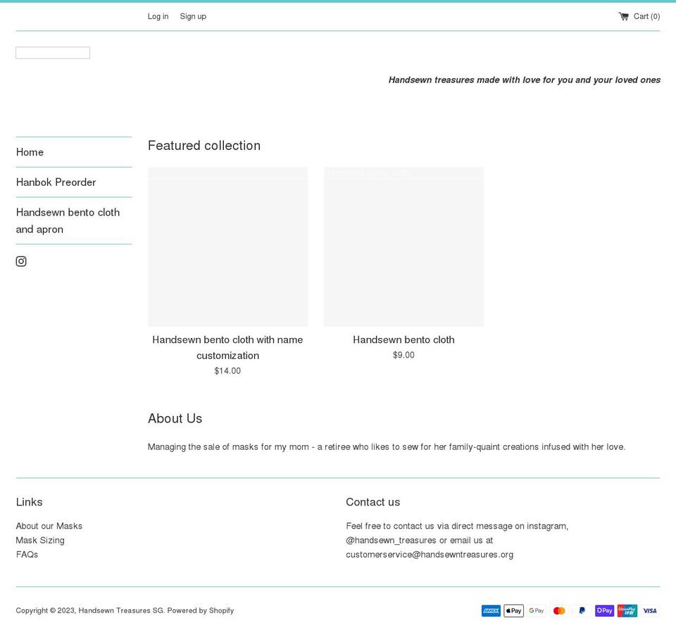 handsewntreasures.org shopify website screenshot