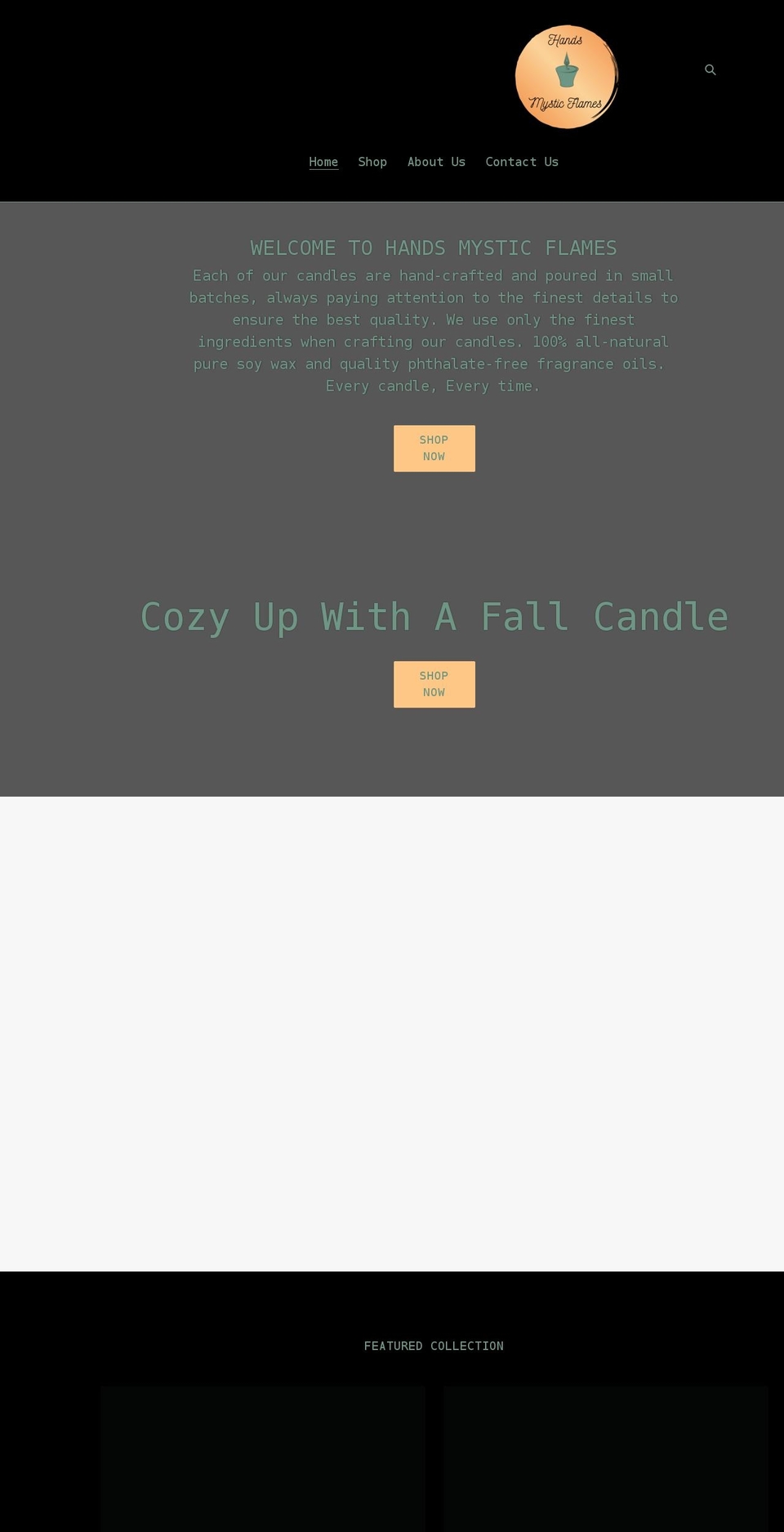 handsmysticflames.com shopify website screenshot