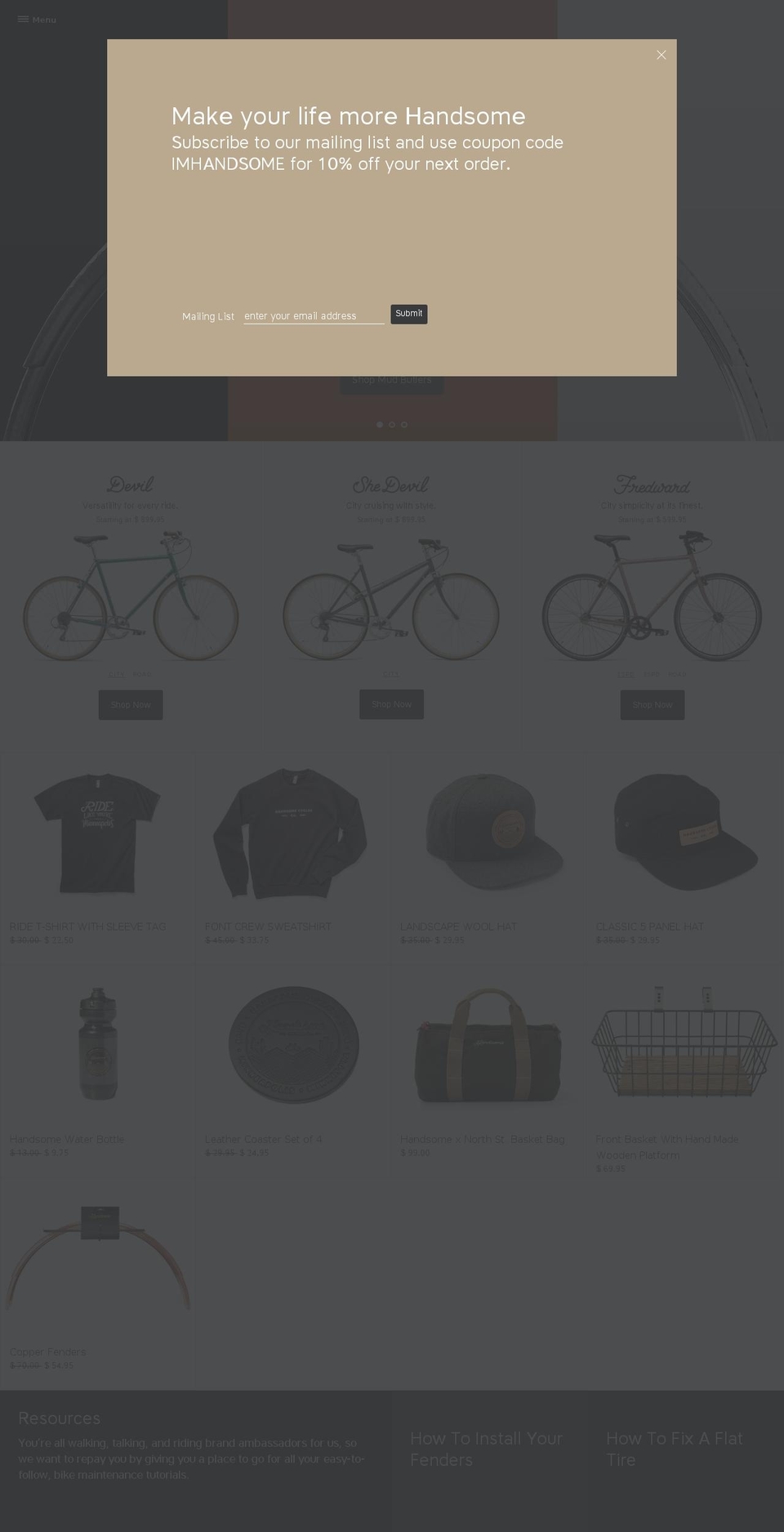 Clean Shopify theme site example handsomecycles.com