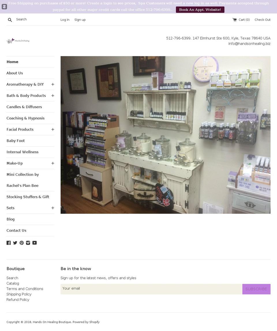 handsonhealingboutique.com — Shopify storefront screenshot