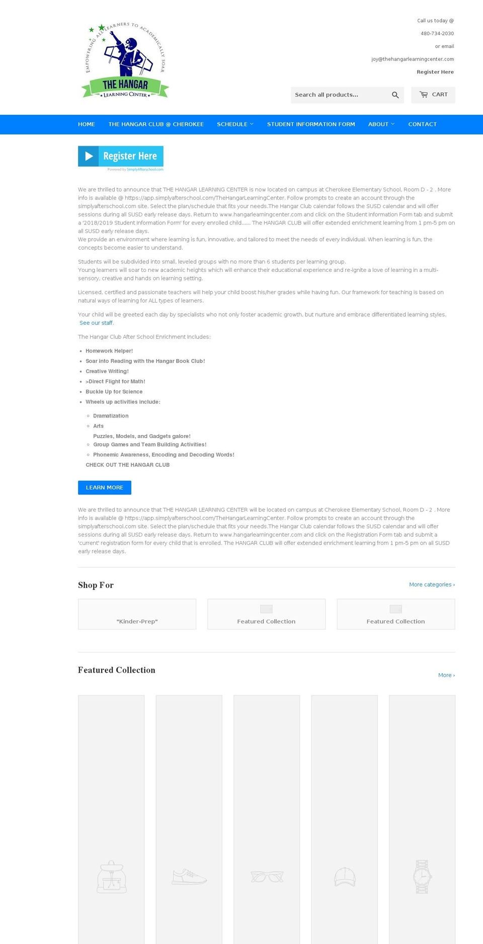 hangarlearningcenter.com shopify website screenshot