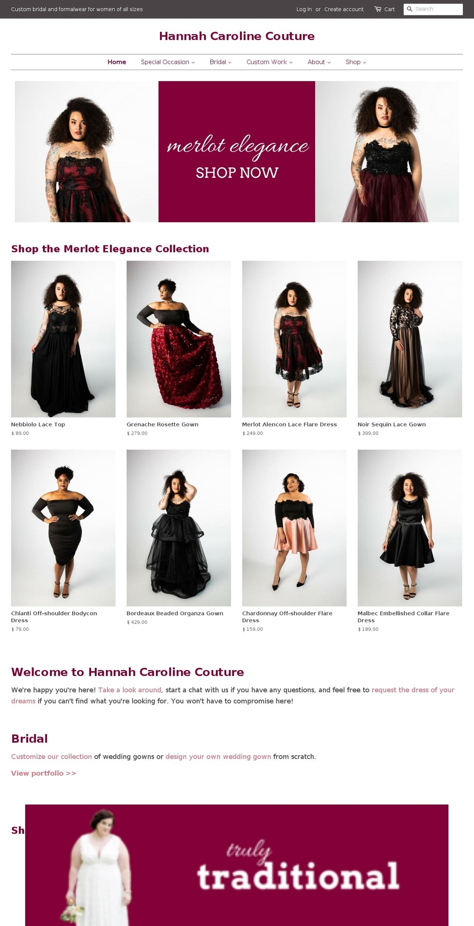 hannahcarolinecouture.com — Shopify storefront screenshot