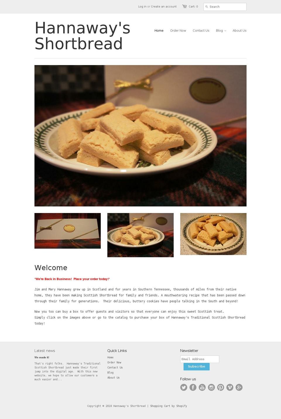 hannawayshortbread.com shopify website screenshot