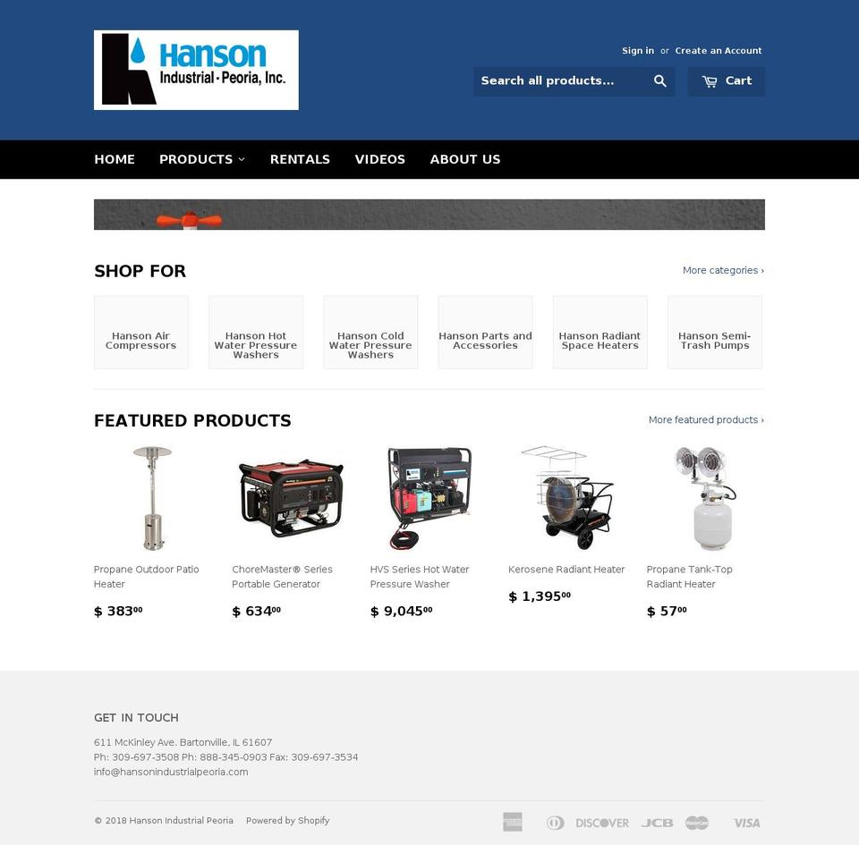 hansonindustrialpeoria.com — Shopify storefront screenshot