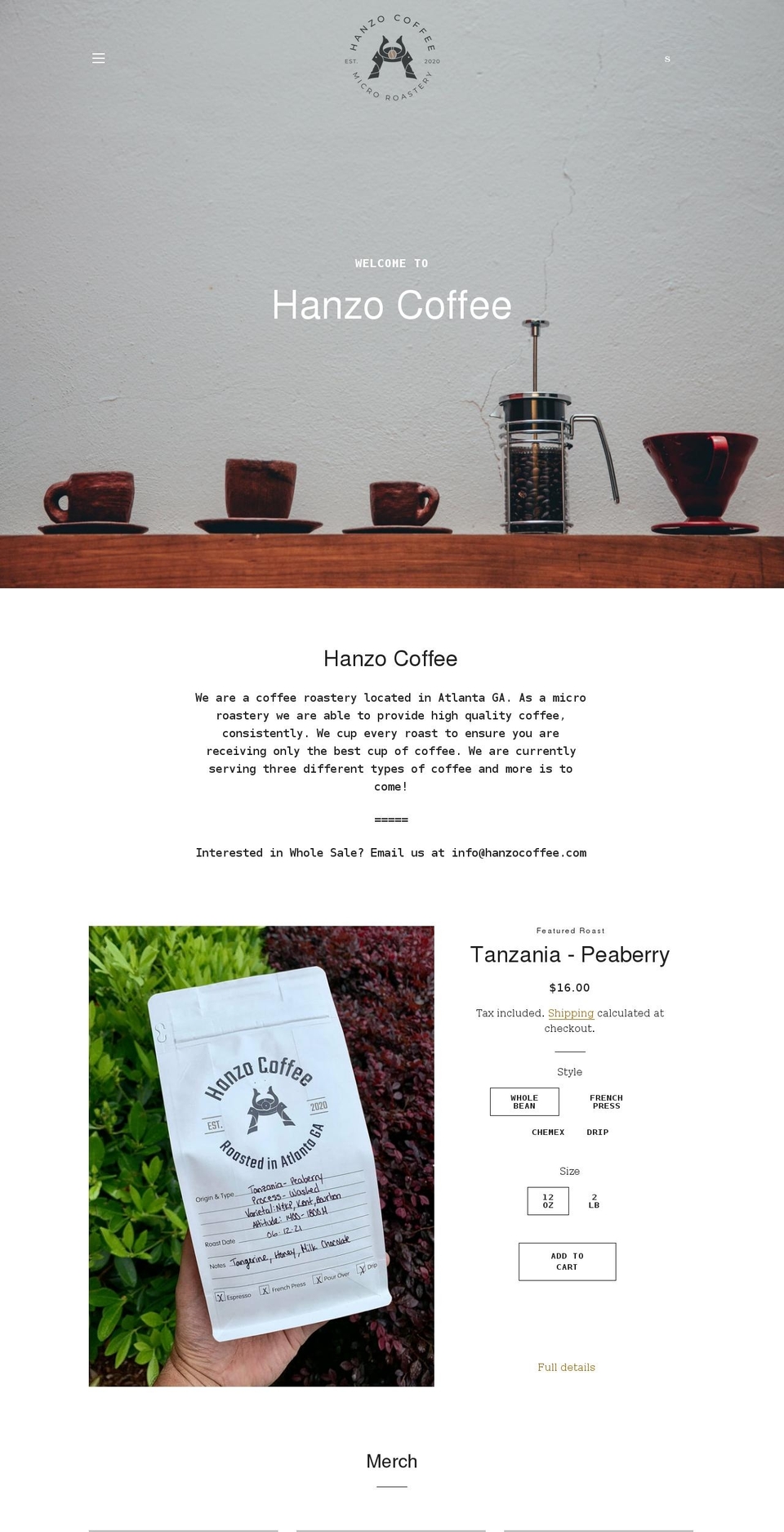 hanzocoffee.com shopify website screenshot