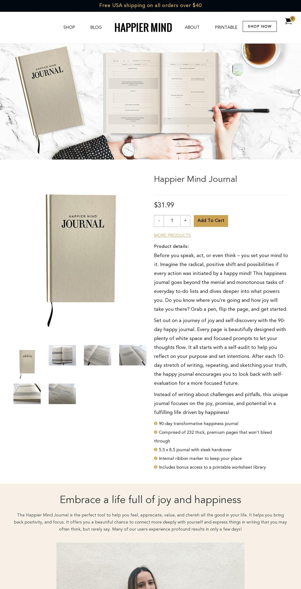 happiermindjournal.com shopify website screenshot