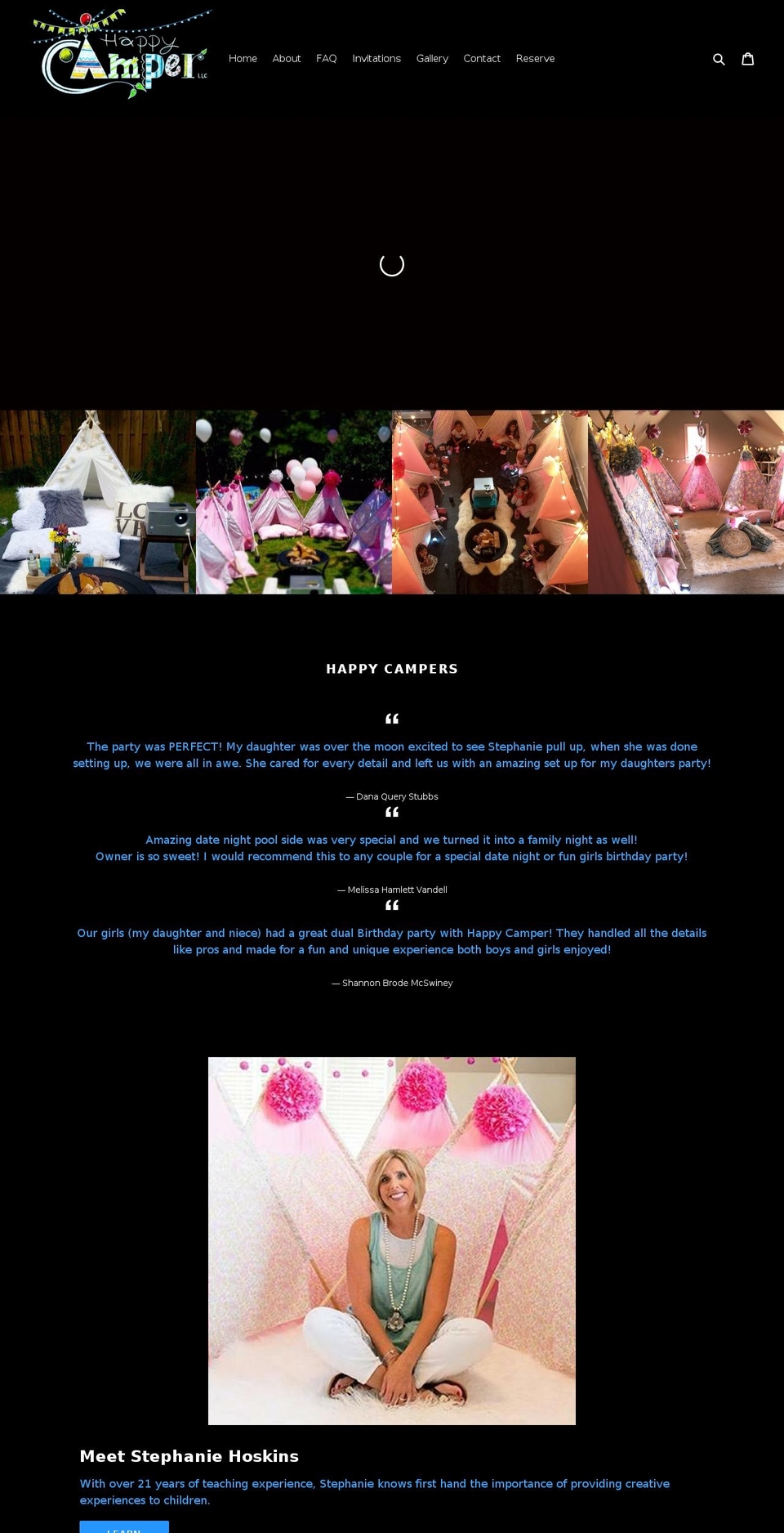 happycamperparties.com — Shopify storefront screenshot