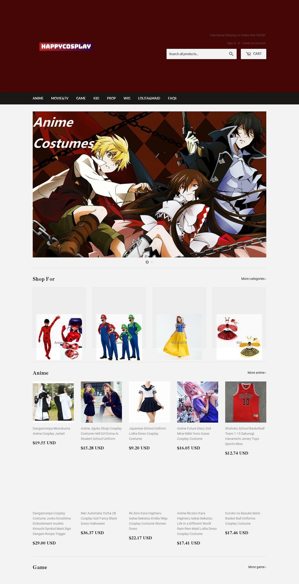 happycosplay.com shopify website screenshot
