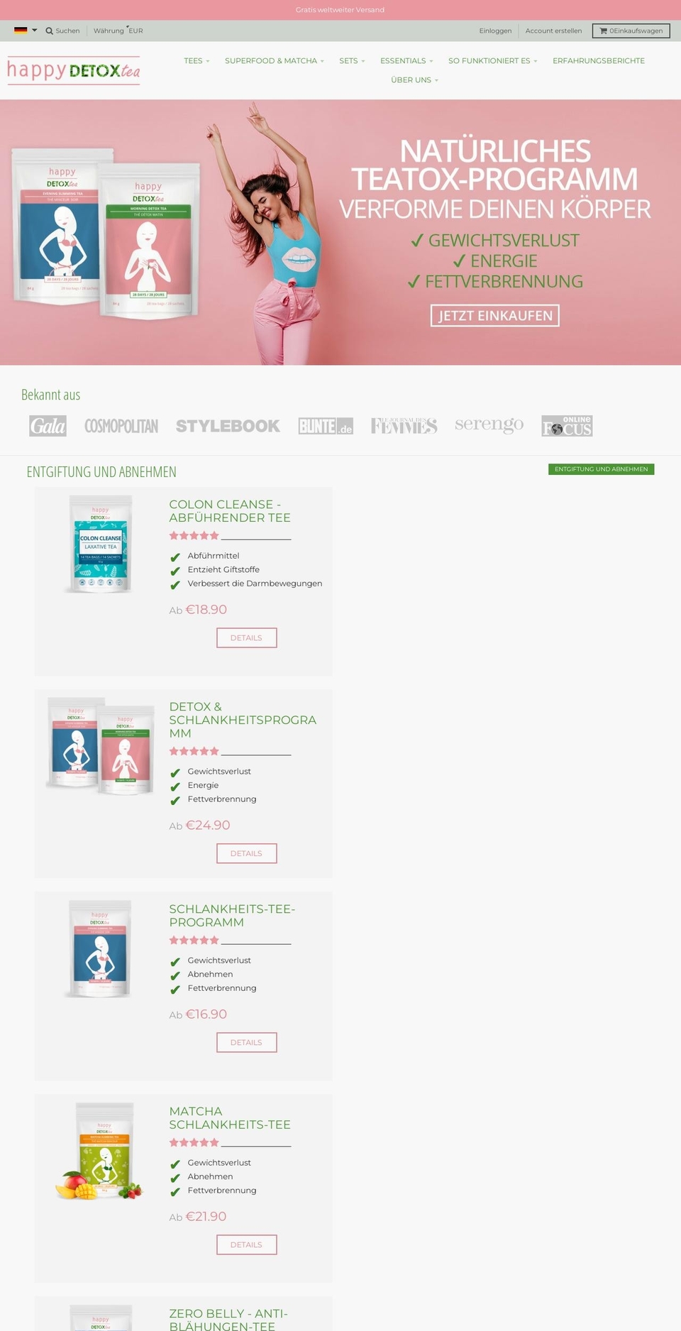 happydetoxtea.de shopify website screenshot