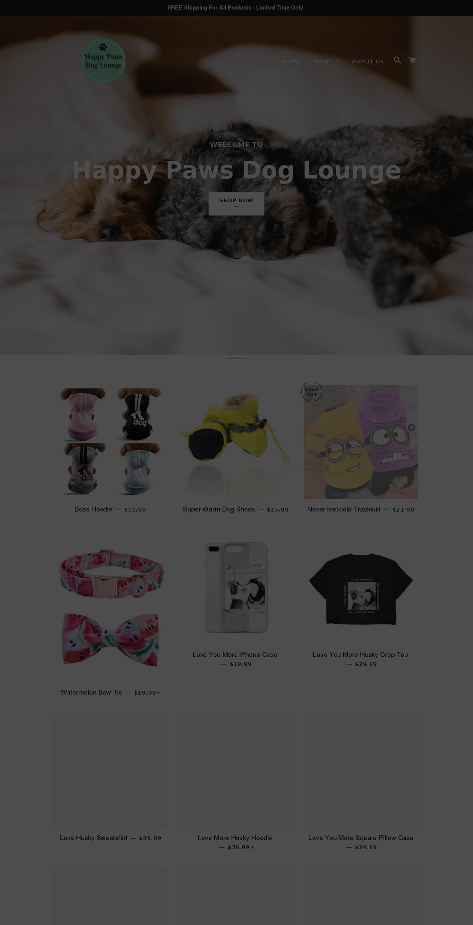 happypawsdoglounge.com — Shopify storefront screenshot