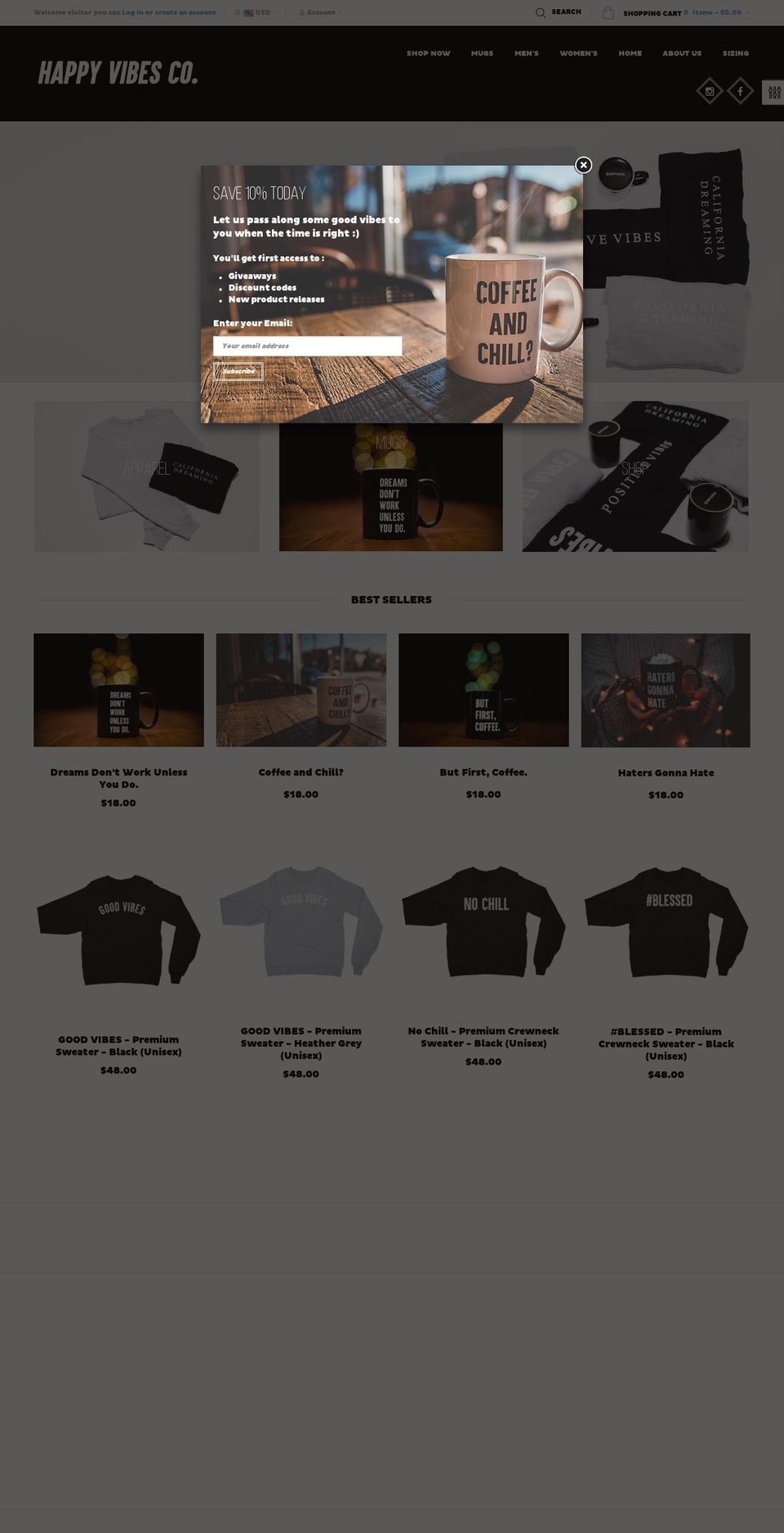happyvibesco.com shopify website screenshot