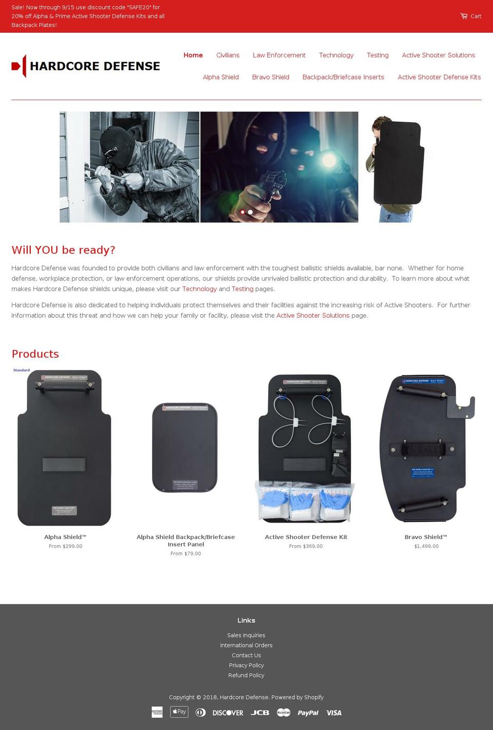 hardcoredefense.com — Shopify storefront screenshot