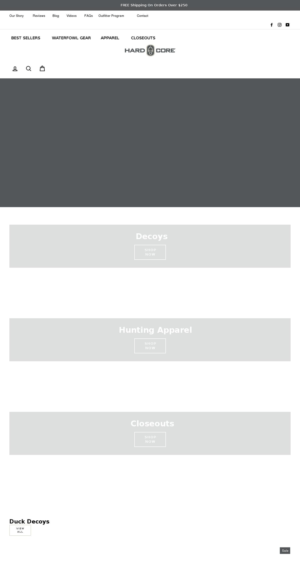 hardcorewaterfowl.com shopify website screenshot