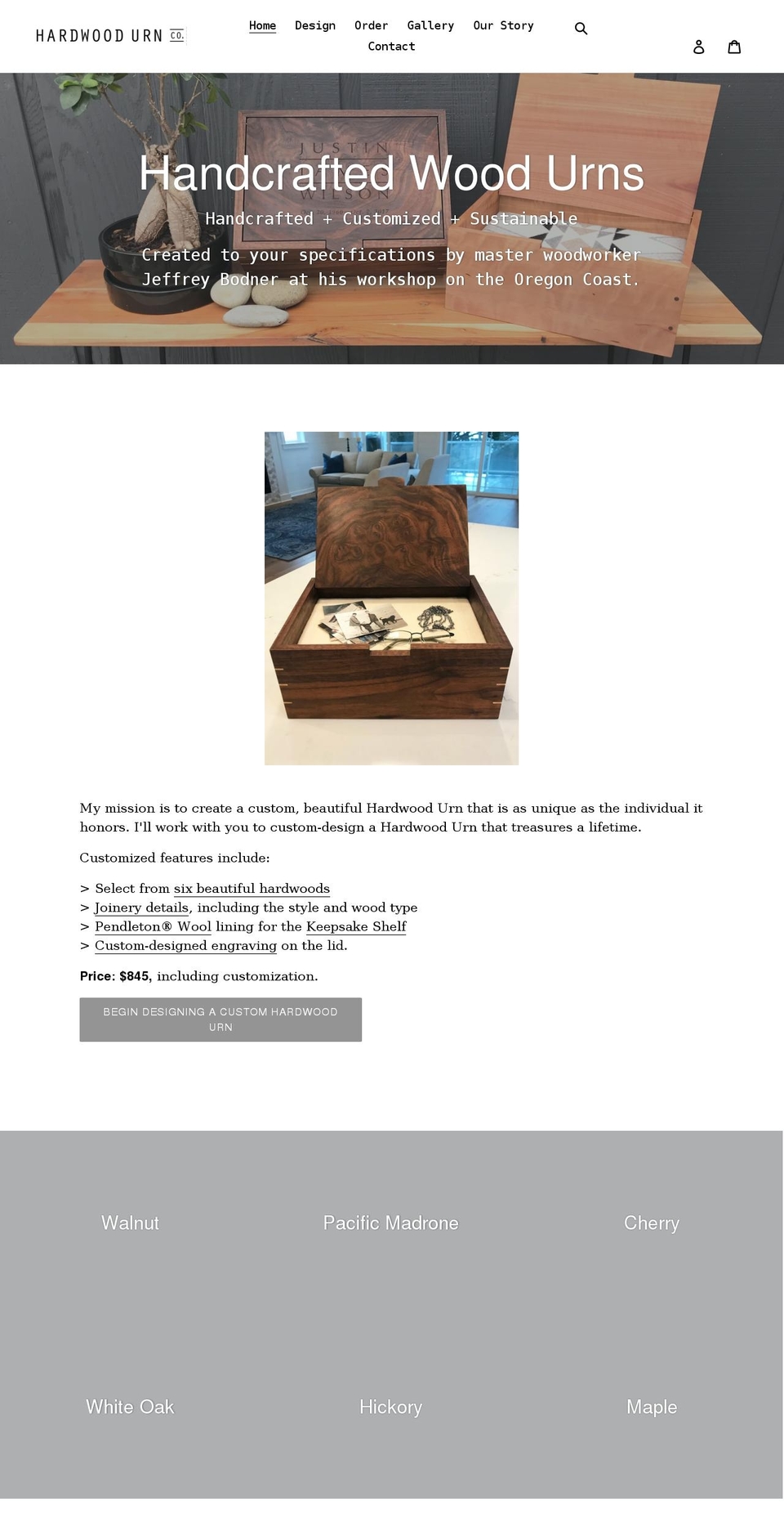 hardwoodurn.com shopify website screenshot