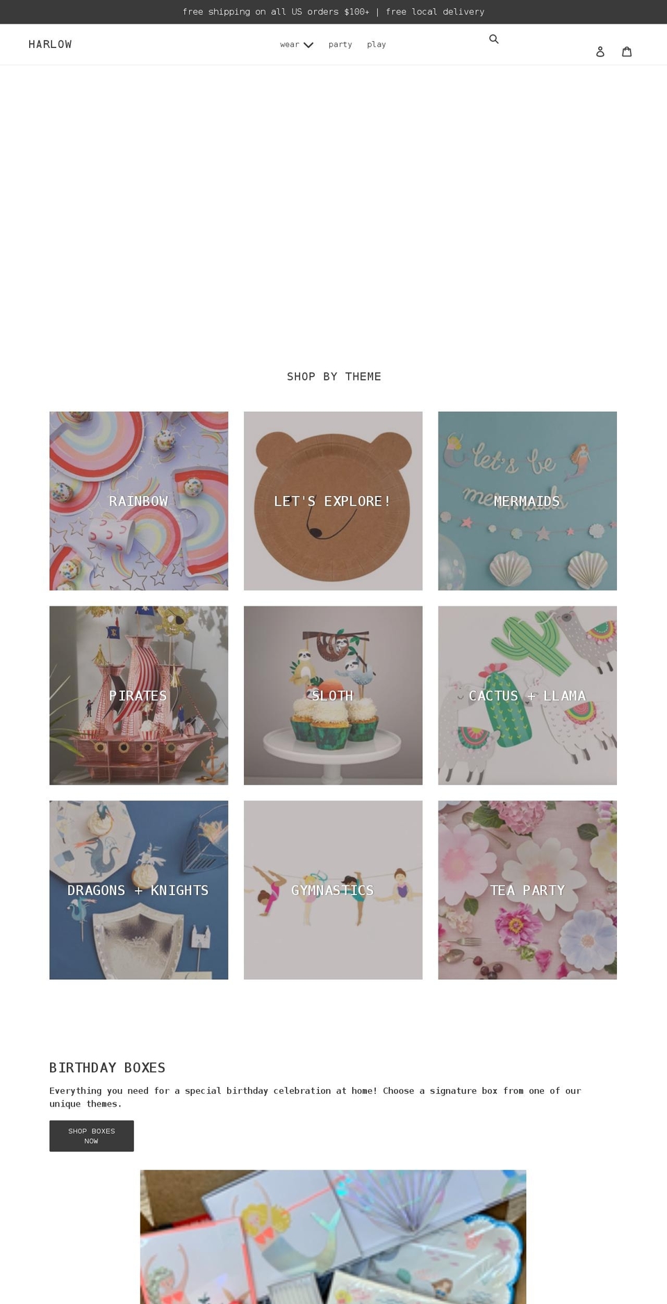 harlowsparty.com shopify website screenshot