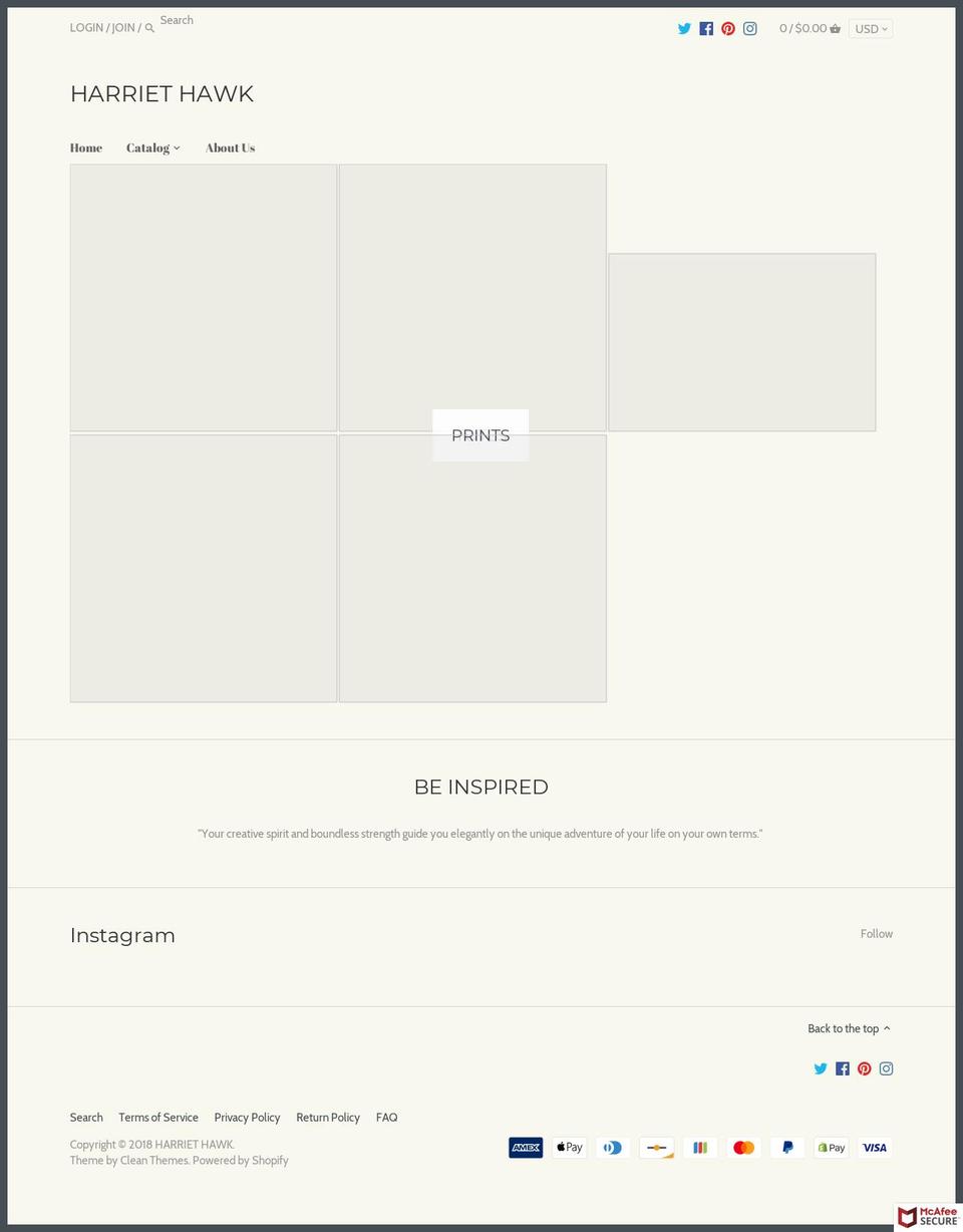 harriethawk.com — Shopify storefront screenshot