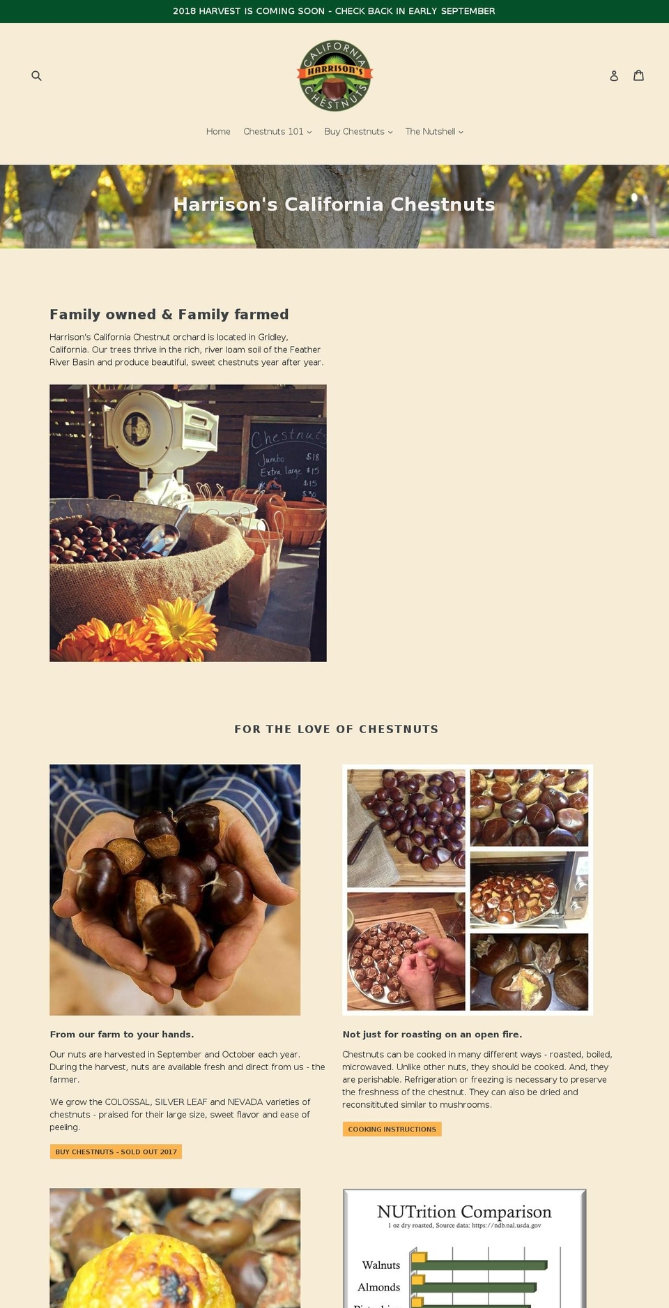 harrisonscaliforniachestnuts.com — Shopify storefront screenshot