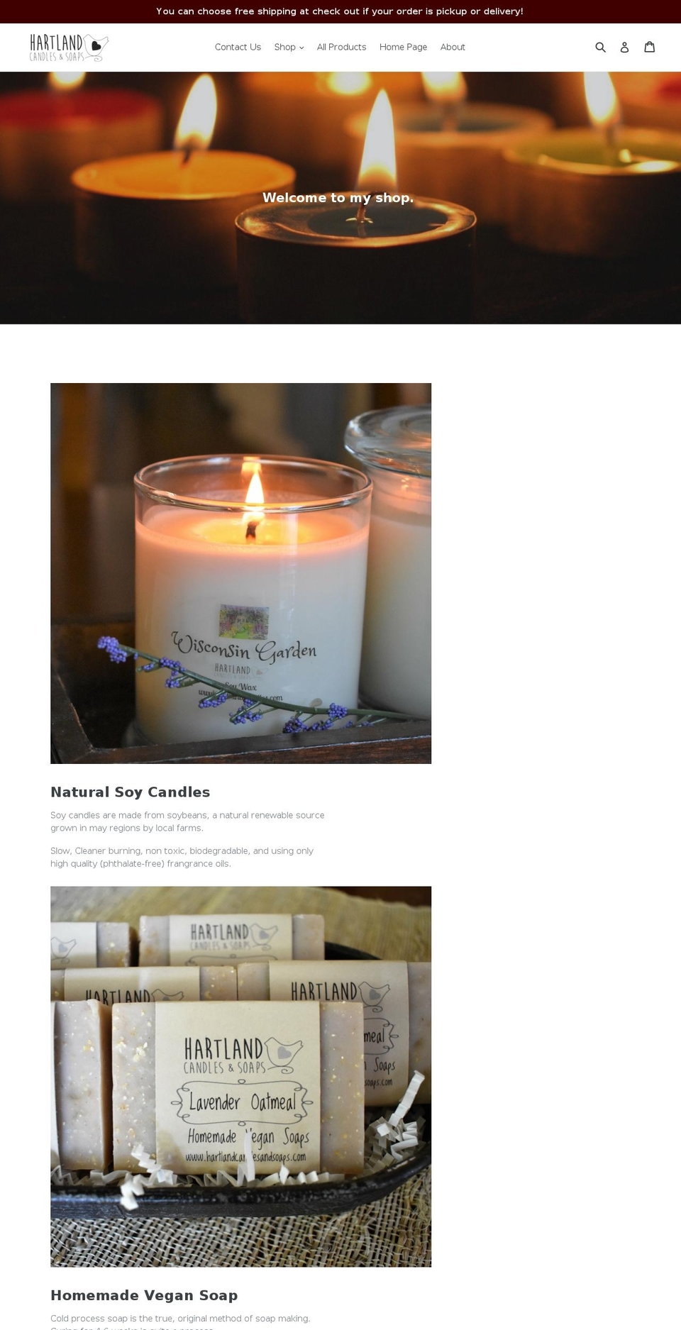 hartlandcandlesandsoaps.com — Shopify storefront screenshot