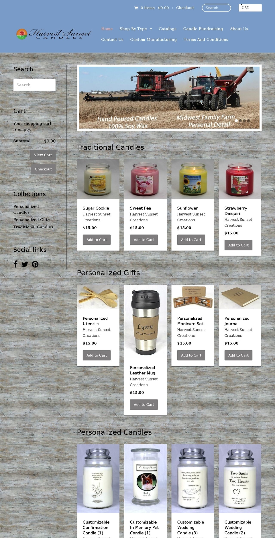 harvestsunsetcandles.com — Shopify storefront screenshot