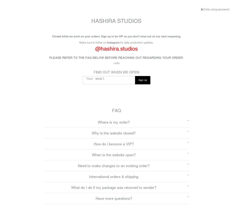 hashirastudios.com shopify website screenshot