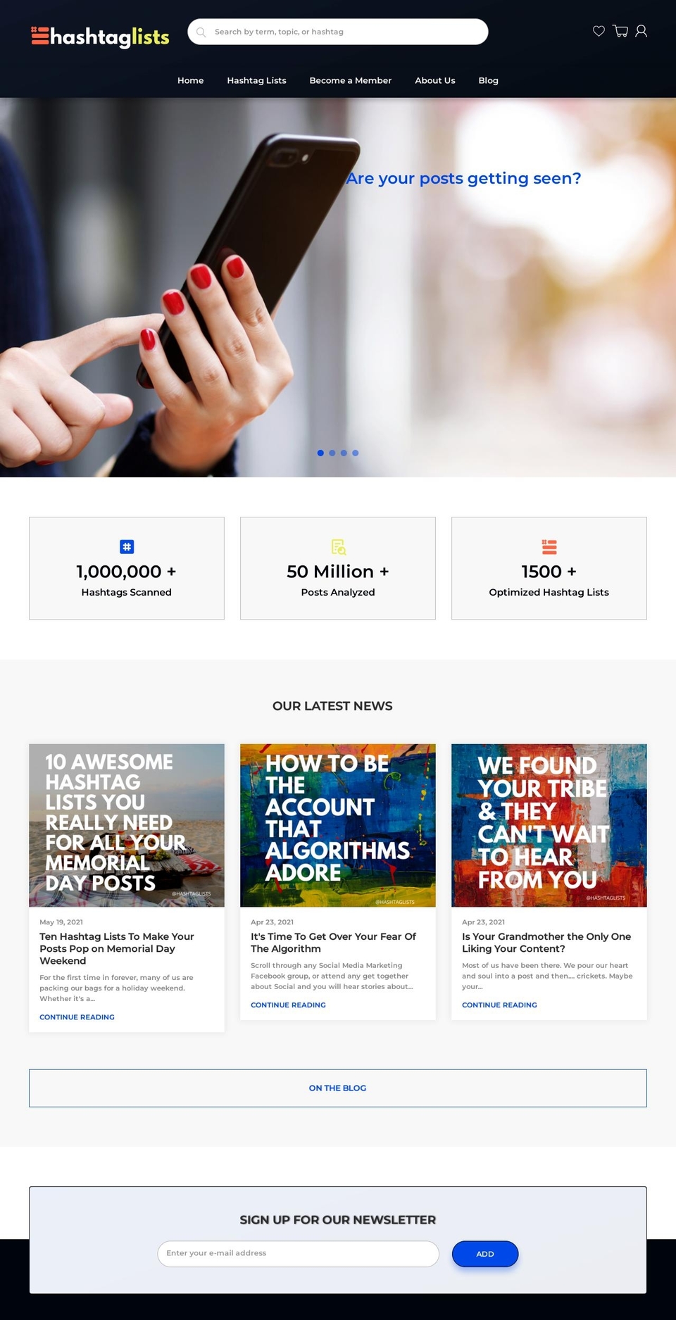 hashtaglists.com shopify website screenshot
